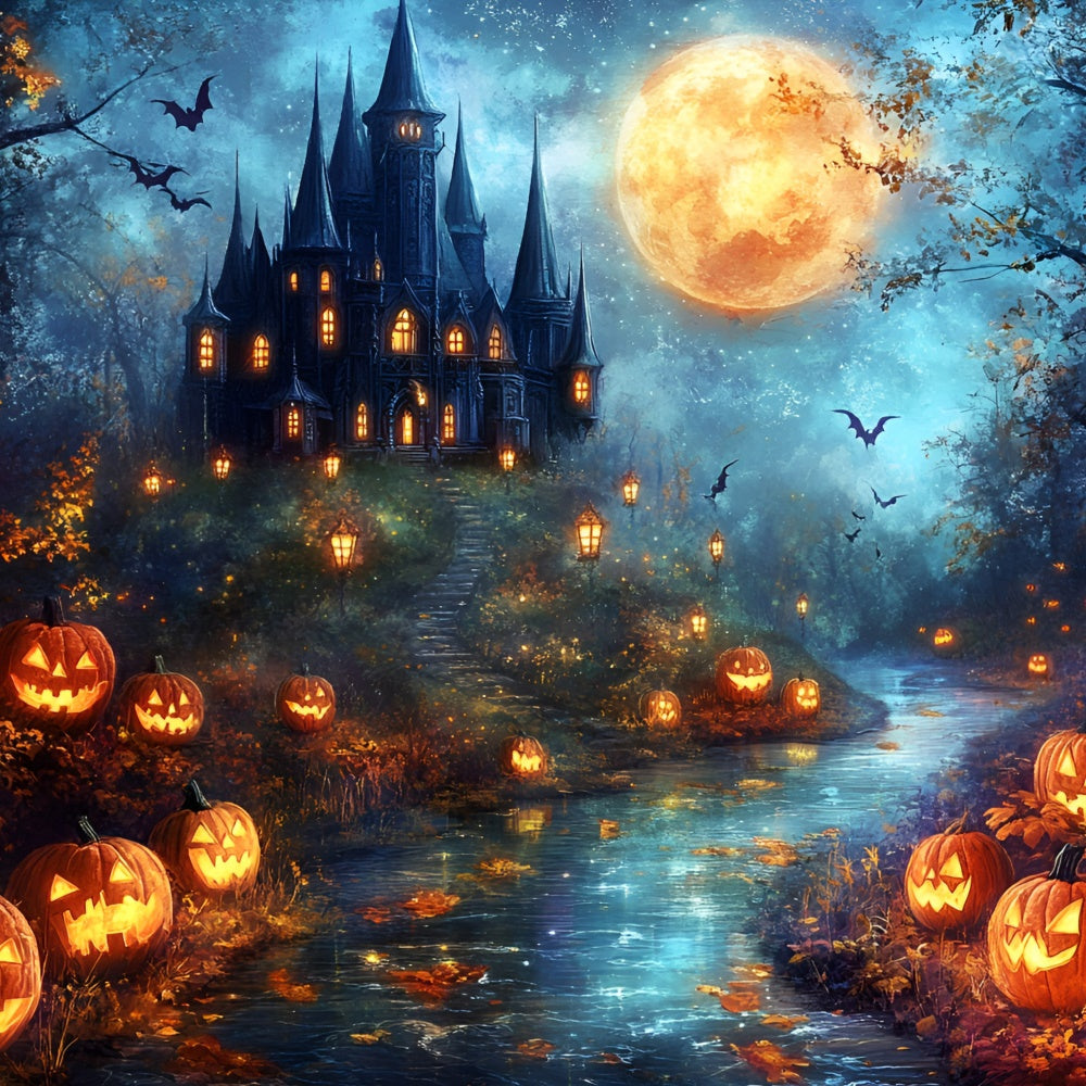 Toile de fond Halloween Château Hanté et Citrouille Lune GQ6-206
