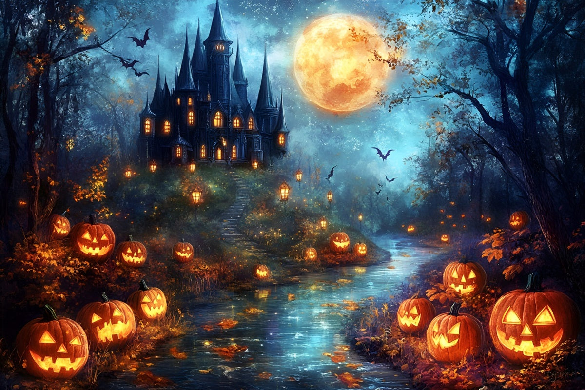 Toile de fond Halloween Château Hanté et Citrouille Lune GQ6-206