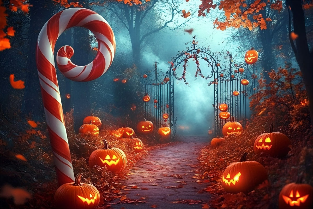 Toile de fond Halloween Forêt Effrayante Canne Sucre Citrouille GQ6-208