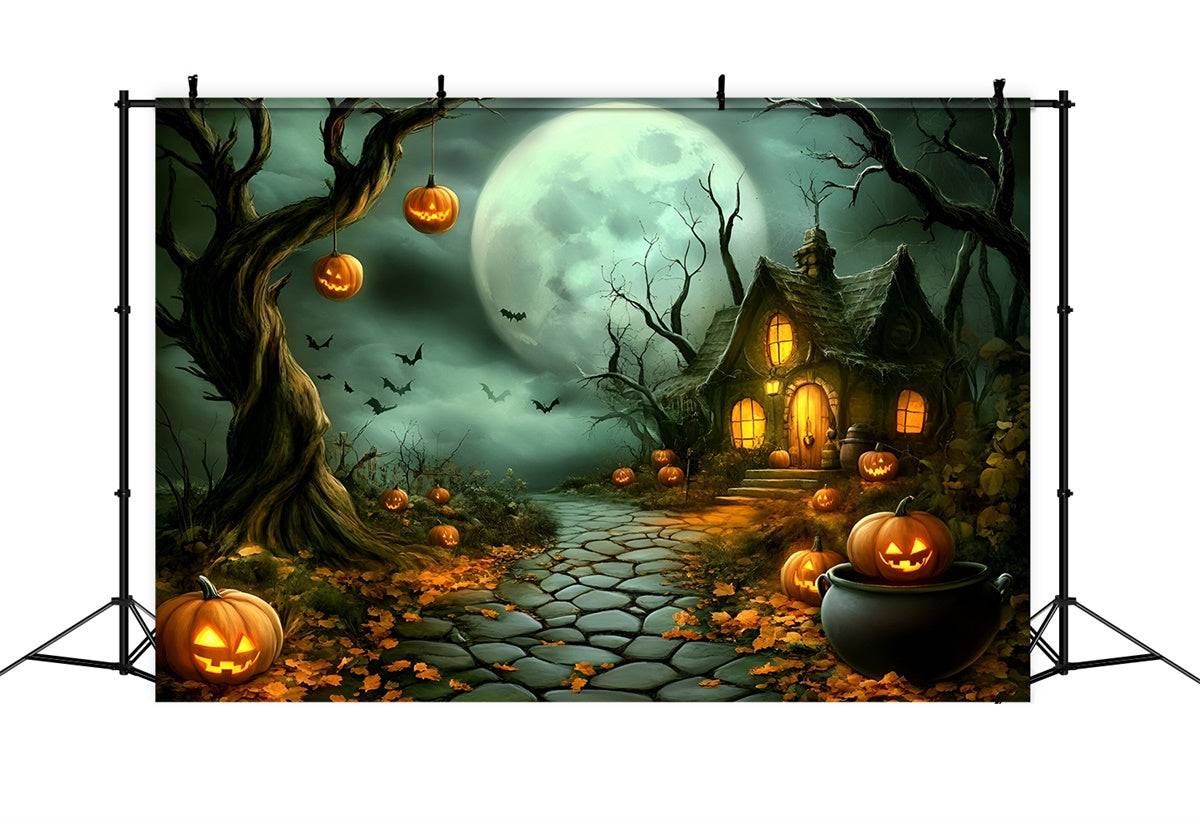 Toile de fond Halloween Sentier Chaumière Hantée Citrouille GQ6-210