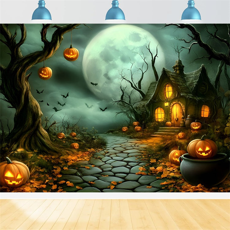 Toile de fond Halloween Sentier Chaumière Hantée Citrouille GQ6-210