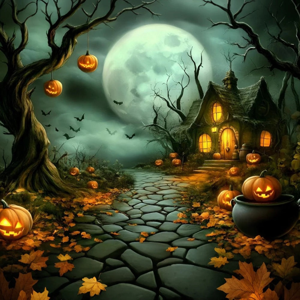 Toile de fond Halloween Sentier Chaumière Hantée Citrouille GQ6-210