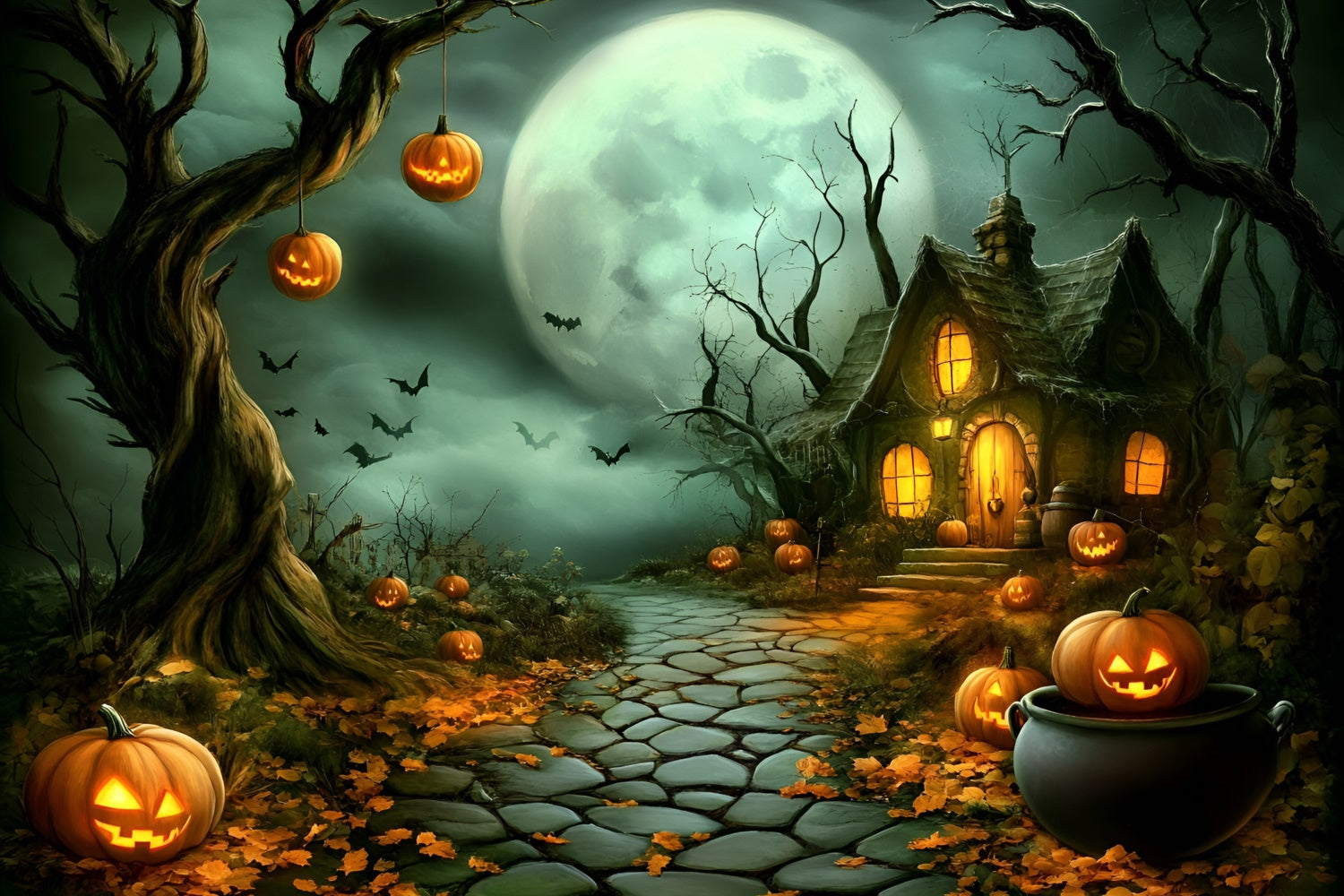 Toile de fond Halloween Sentier Chaumière Hantée Citrouille GQ6-210