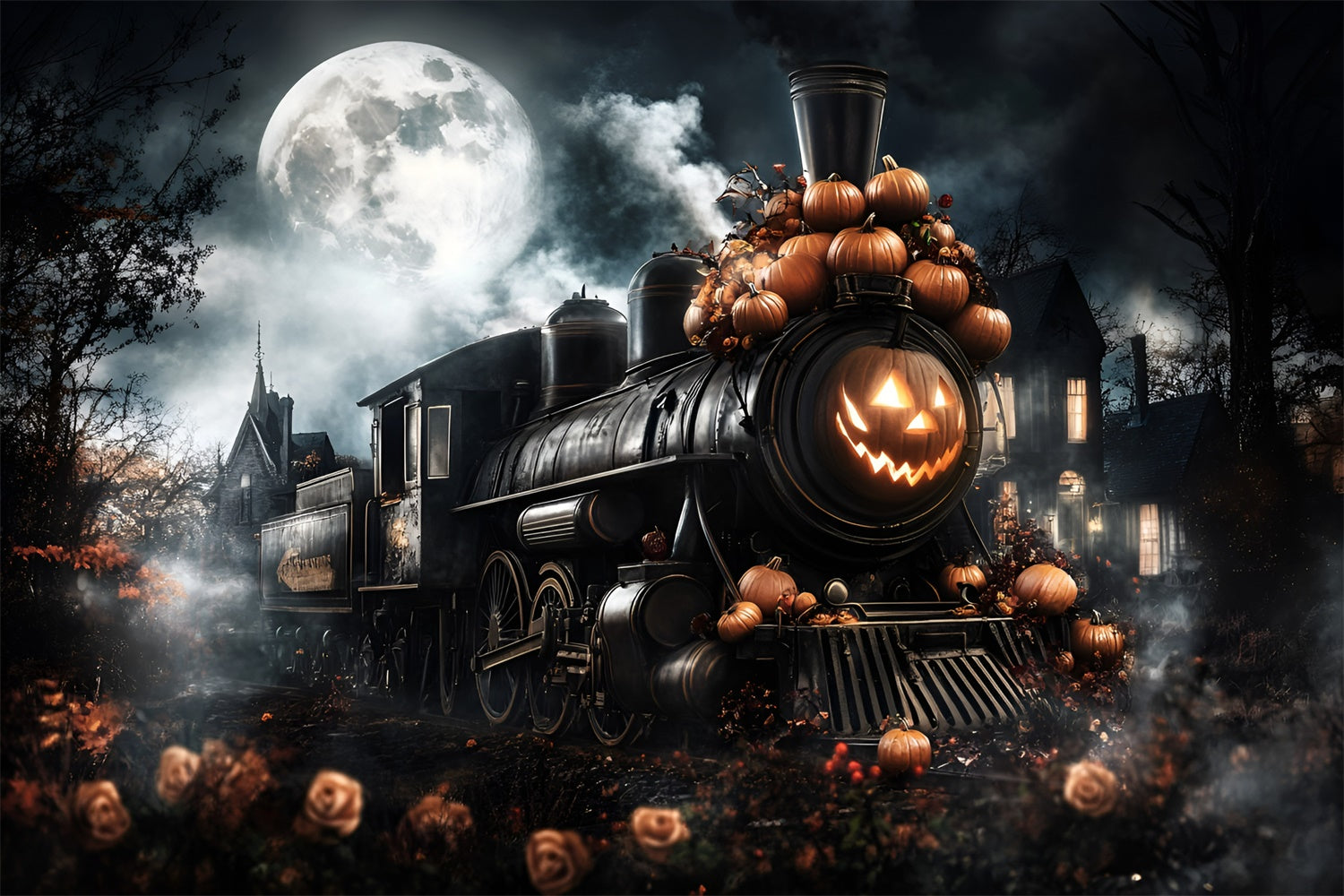 Toile de fond Halloween Train Fantôme Nuit de Lune GQ6-223