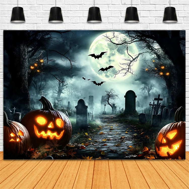 Toile de fond Halloween Chauves-souris Minuit Cimetière Citrouille GQ6-228