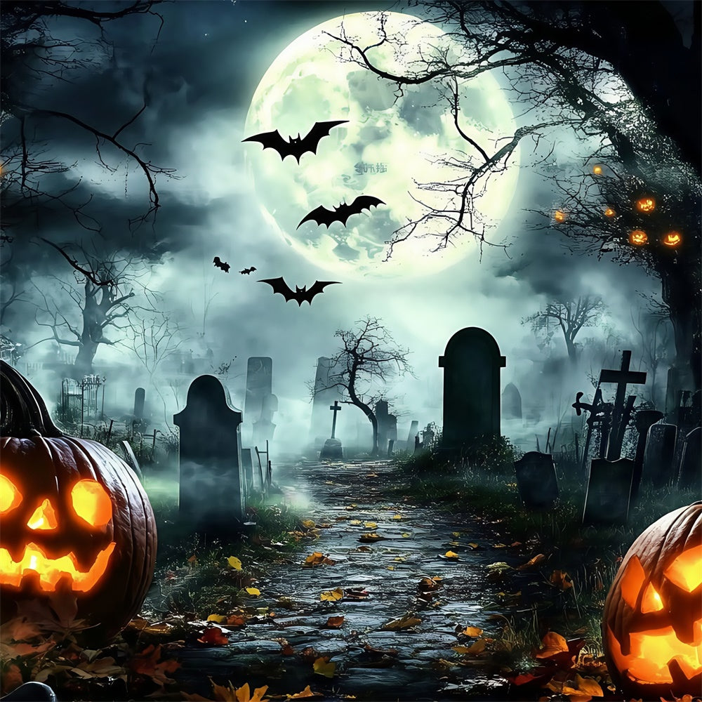 Toile de fond Halloween Chauves-souris Minuit Cimetière Citrouille GQ6-228