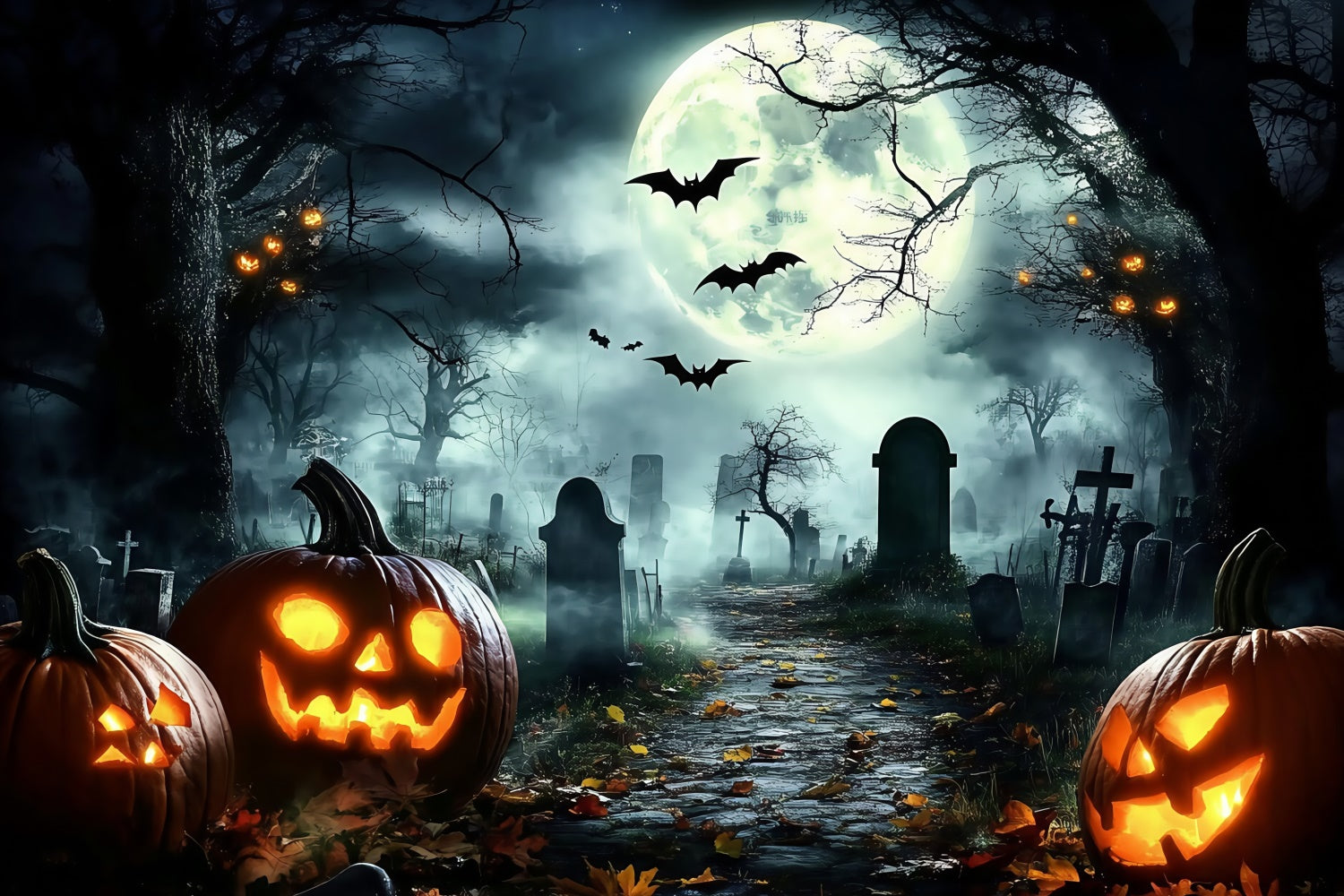 Toile de fond Halloween Chauves-souris Minuit Cimetière Citrouille GQ6-228