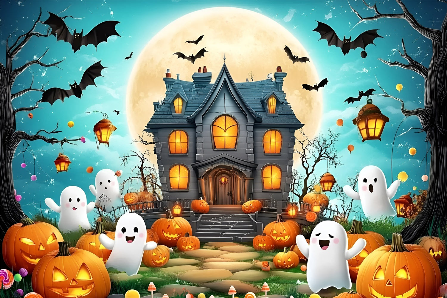 Toile de fond Halloween Fête Maison Hantée Citrouilles Mignonne GQ6-231