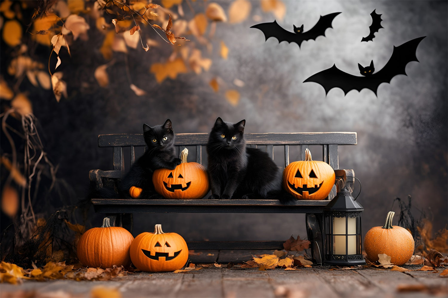 Toile de fond Halloween Citrouille Chat Noir Banc Effrayant GQ6-234
