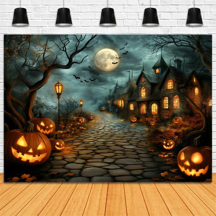 Toile de fond Halloween Sentier Village Citrouilles GQ6-240