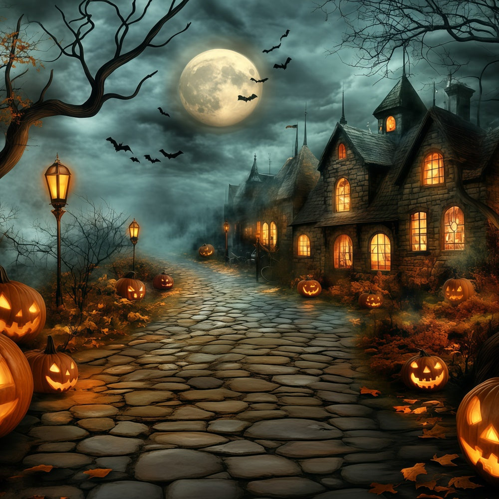 Toile de fond Halloween Sentier Village Citrouilles GQ6-240