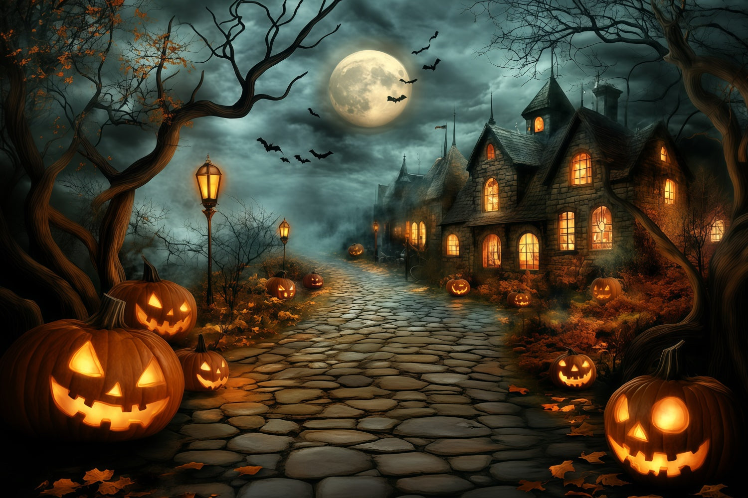 Toile de fond Halloween Sentier Village Citrouilles GQ6-240