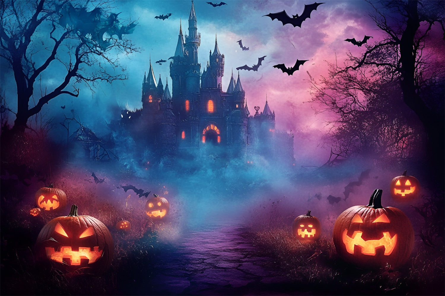 Toile de fond Halloween Château Brumeux Nuit Effrayante GQ6-242