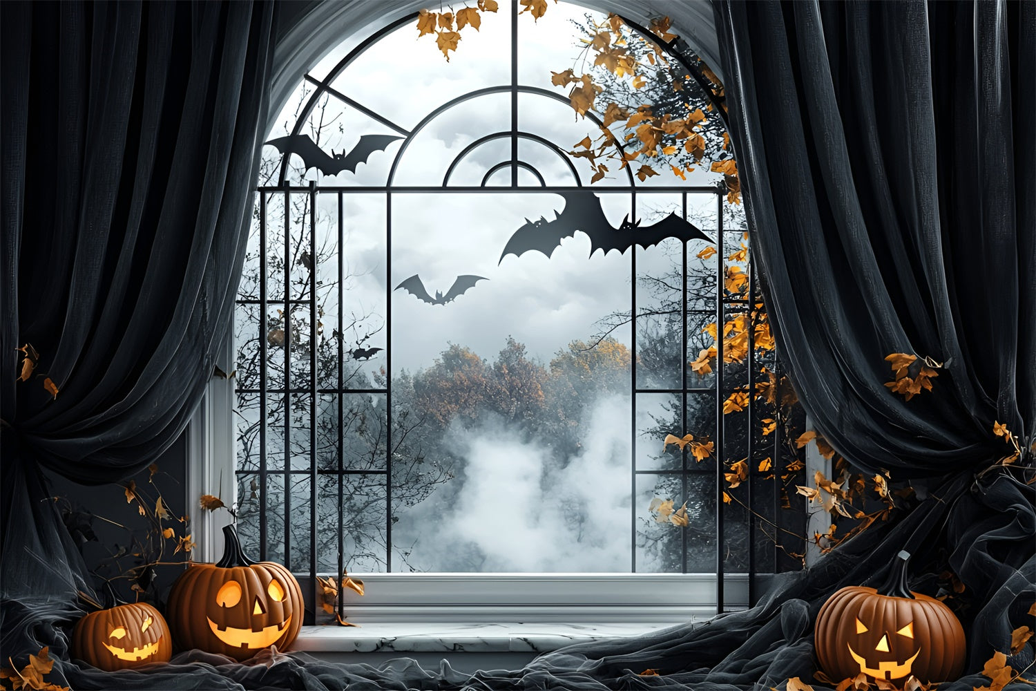 Toile de fond Halloween Fenêtre Hantée Vol de Chauve-souris GQ6-244