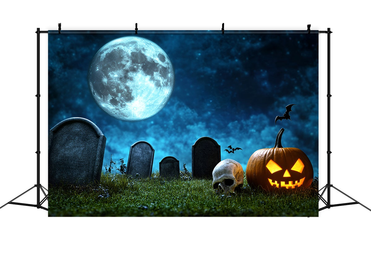 Toile de fond Halloween Crâne Citrouille Pleine Lune Cimetière GQ6-246