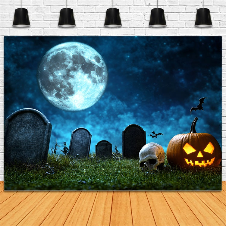 Toile de fond Halloween Crâne Citrouille Pleine Lune Cimetière GQ6-246