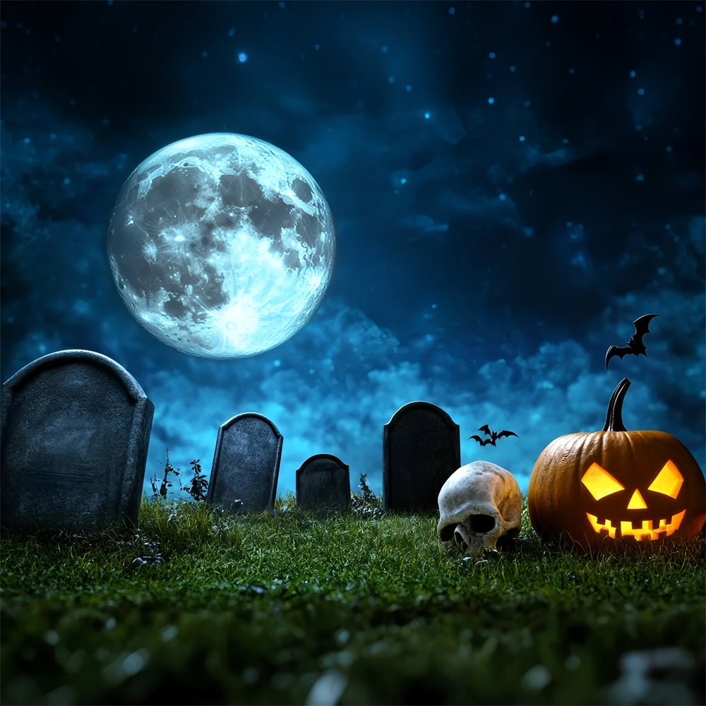 Toile de fond Halloween Crâne Citrouille Pleine Lune Cimetière GQ6-246