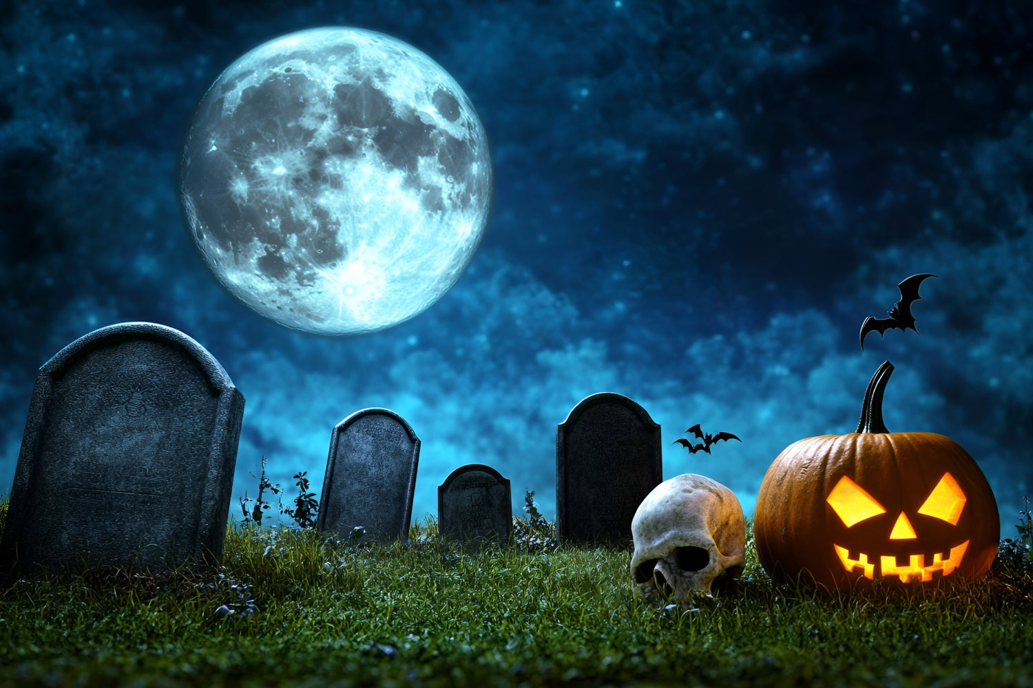 Toile de fond Halloween Crâne Citrouille Pleine Lune Cimetière GQ6-246