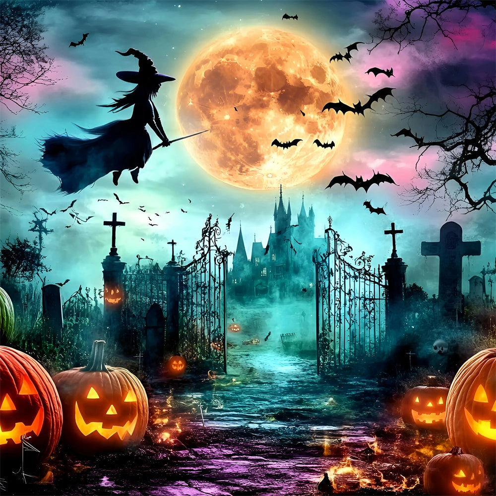 Toile de fond Halloween Sorcière Lune Citrouilles GQ6-247