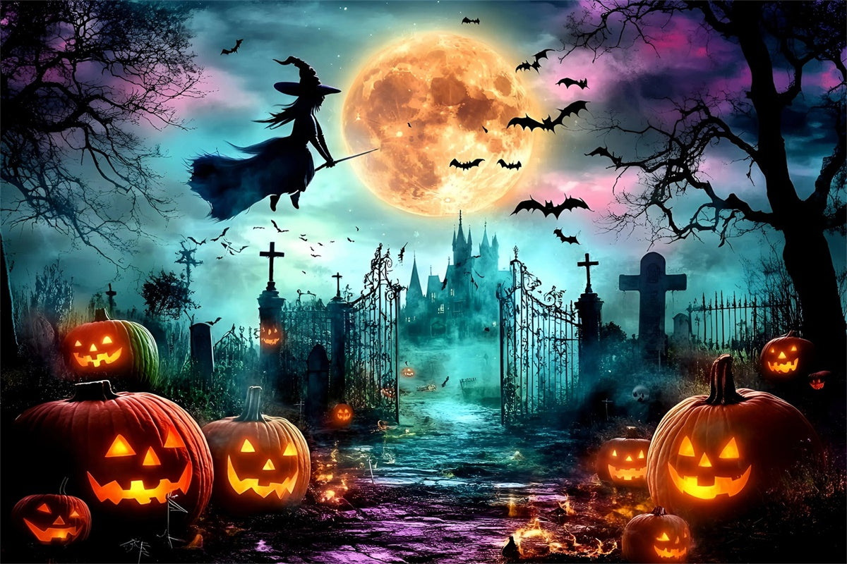 Toile de fond Halloween Sorcière Lune Citrouilles GQ6-247