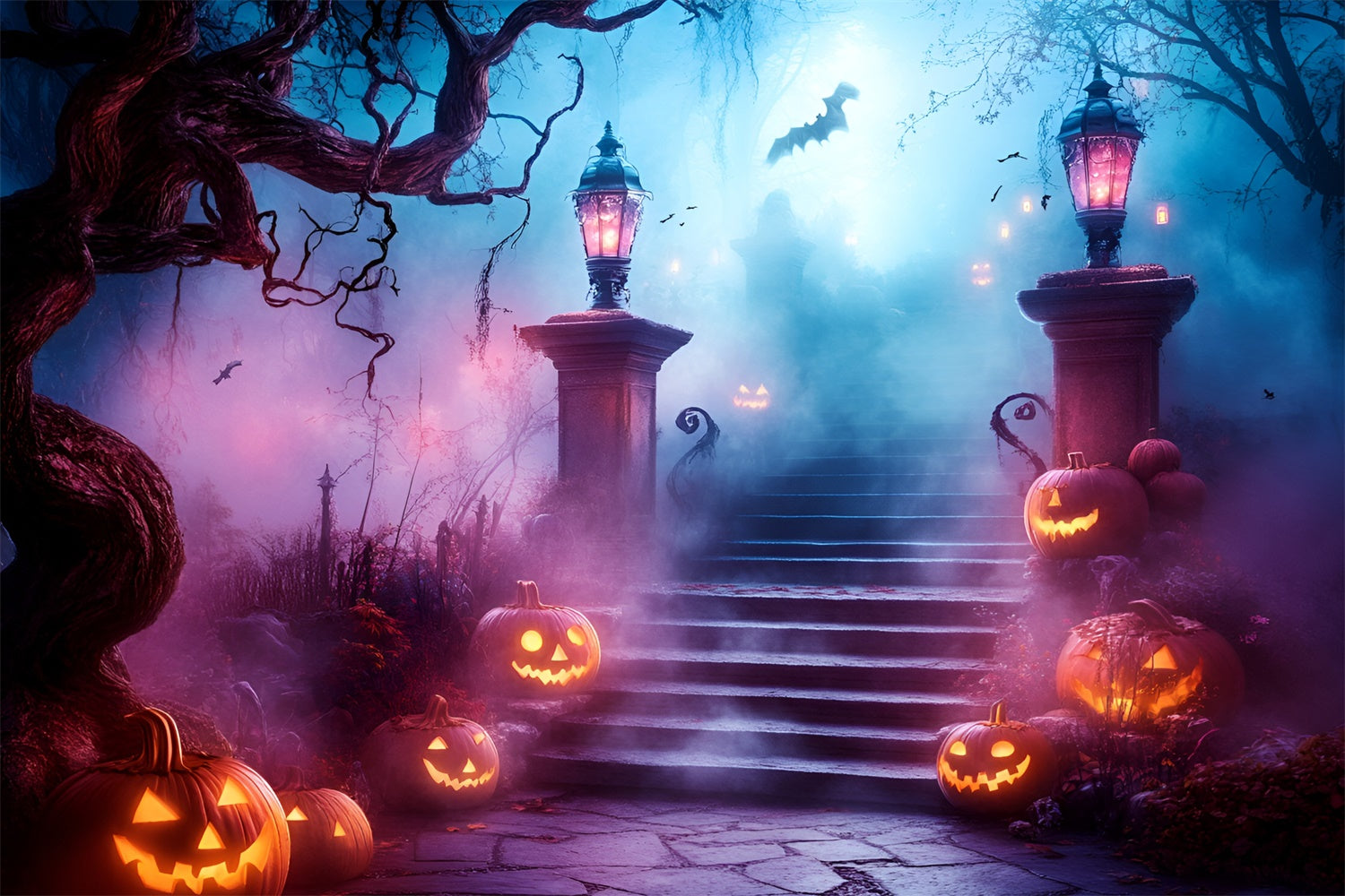 Toile de fond Halloween Escalier Hanté Sentier Citrouille GQ6-248