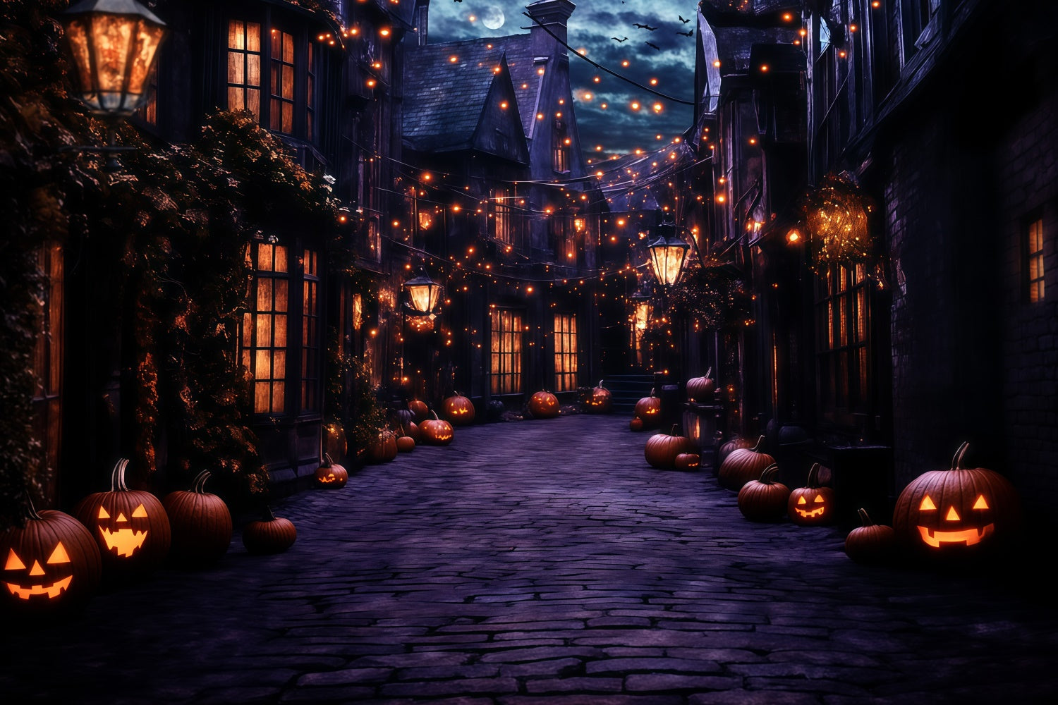 Toile de fond Halloween Village Fantomatique Lanterne Nuit GQ6-249