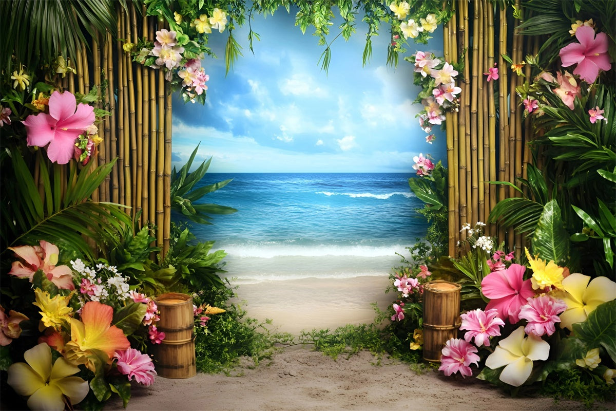 Toile de fond Été Thème Plage Chemin Bambou Fleuri GQ6-25
