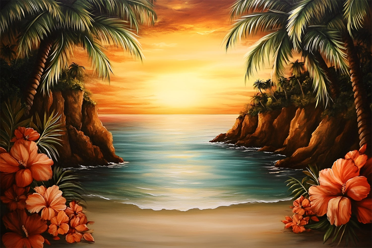 Toile de fond Été Plage Tropicale Île Romantique Coucher GQ6-27