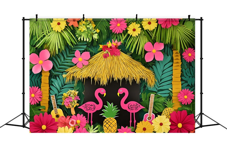 Toile de fond Été Thème Hawaïen Paradis Flamant Rose GQ6-29