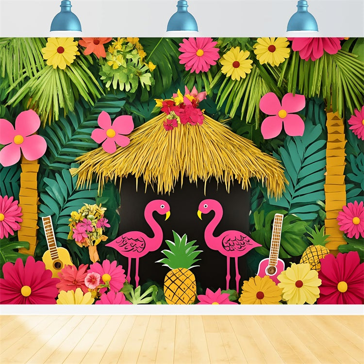 Toile de fond Été Thème Hawaïen Paradis Flamant Rose GQ6-29