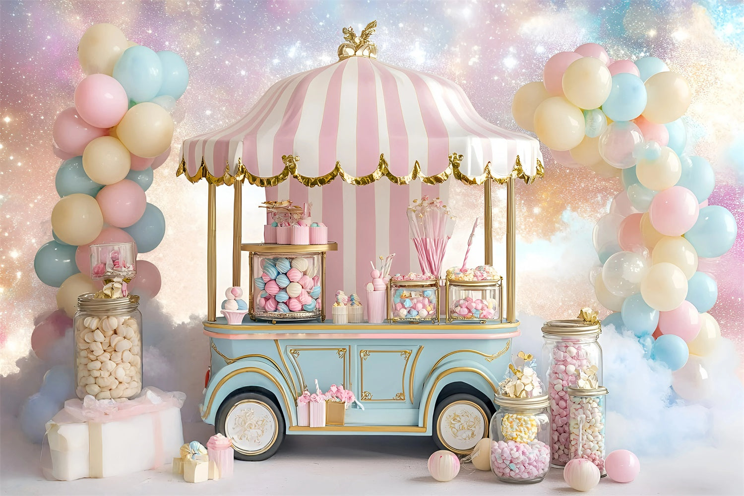 Toile de fond Décor Anniversaire 1 an Chariot Sucré de Conte de Fées GQ6-298