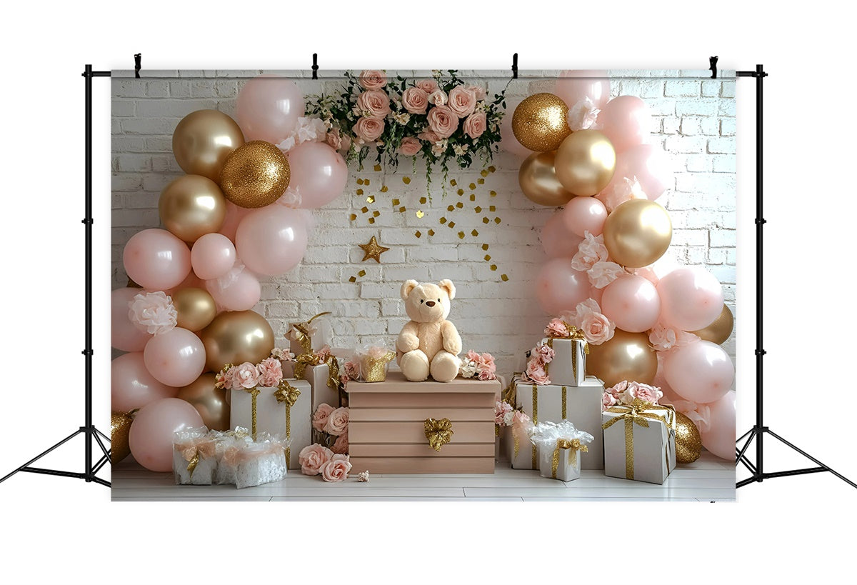 Toile de fond Photo Gâteau Smash Fille Ours Rose et Fleurs GQ6-322
