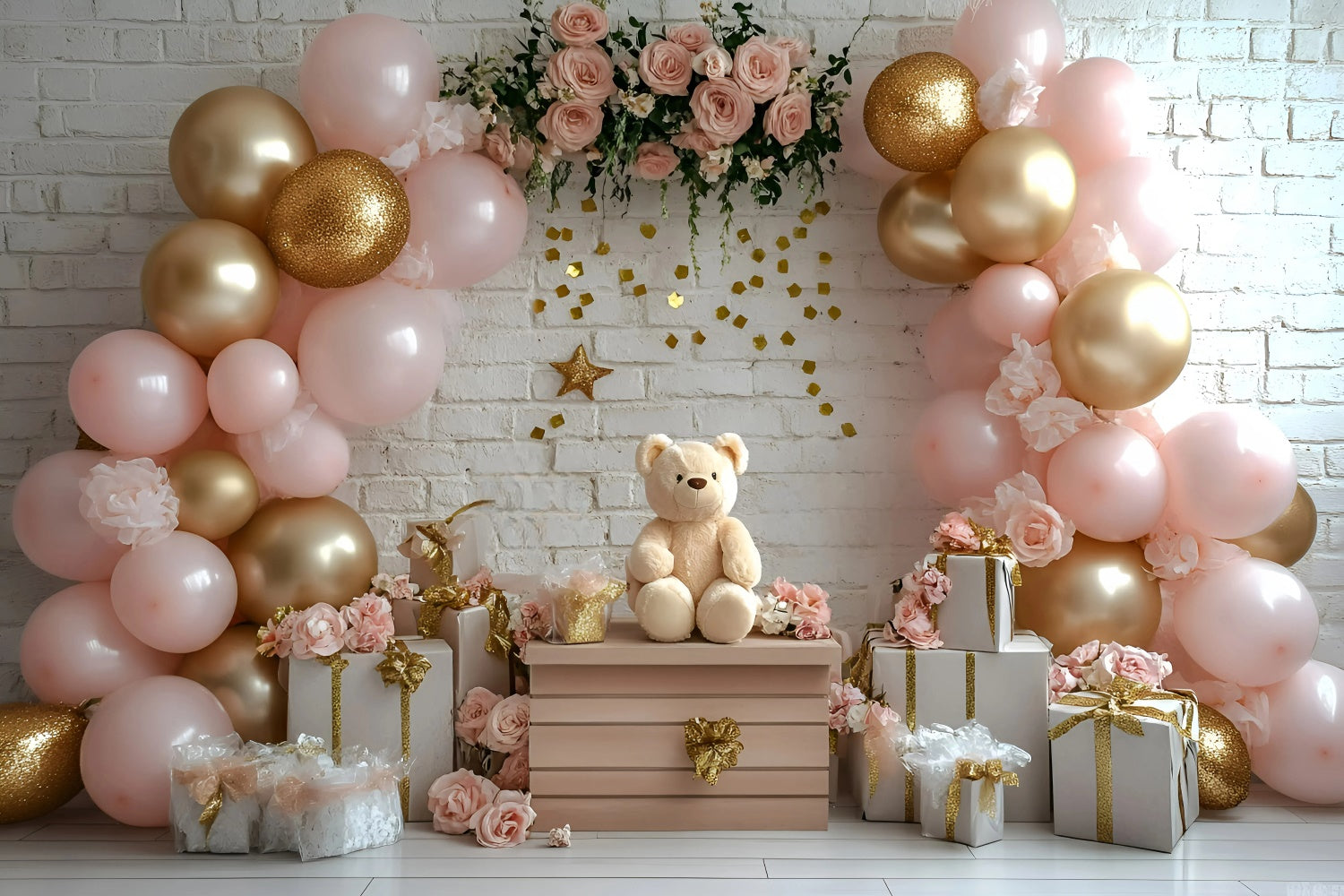 Toile de fond Photo Gâteau Smash Fille Ours Rose et Fleurs GQ6-322