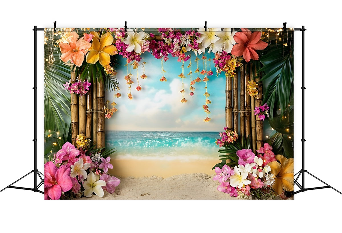 Toile de fond Été Arche Fleurie Bambou Plage Tropicale GQ6-33