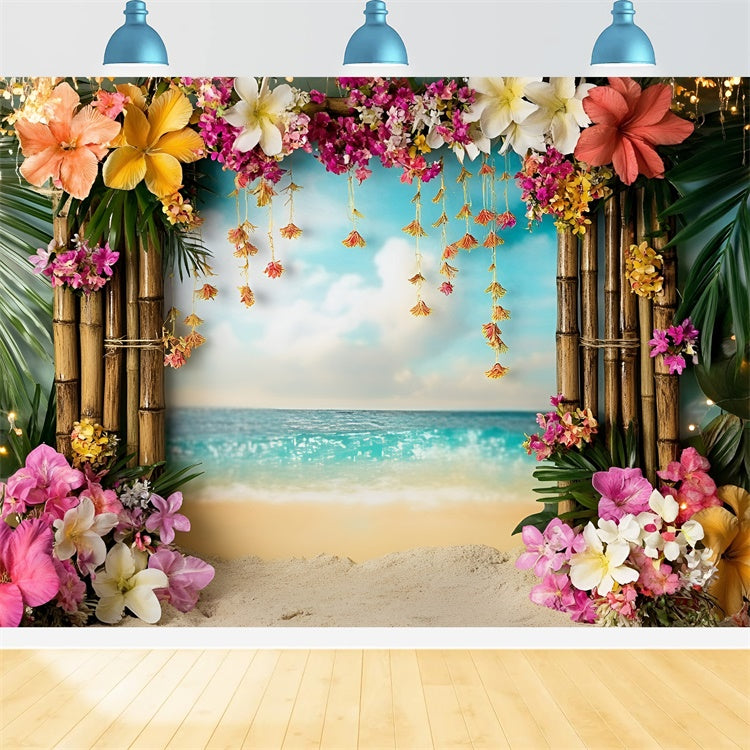 Toile de fond Été Arche Fleurie Bambou Plage Tropicale GQ6-33