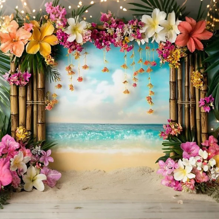 Toile de fond Été Arche Fleurie Bambou Plage Tropicale GQ6-33