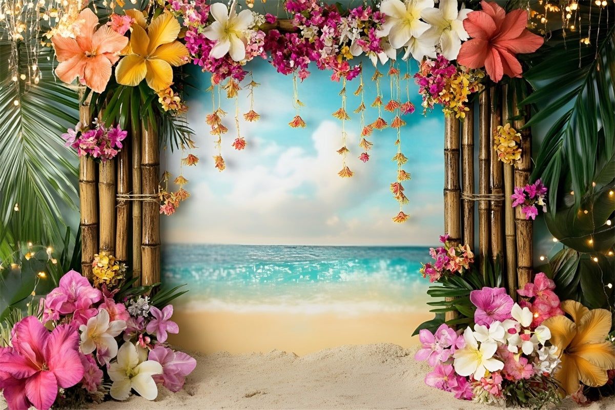 Toile de fond Été Arche Fleurie Bambou Plage Tropicale GQ6-33