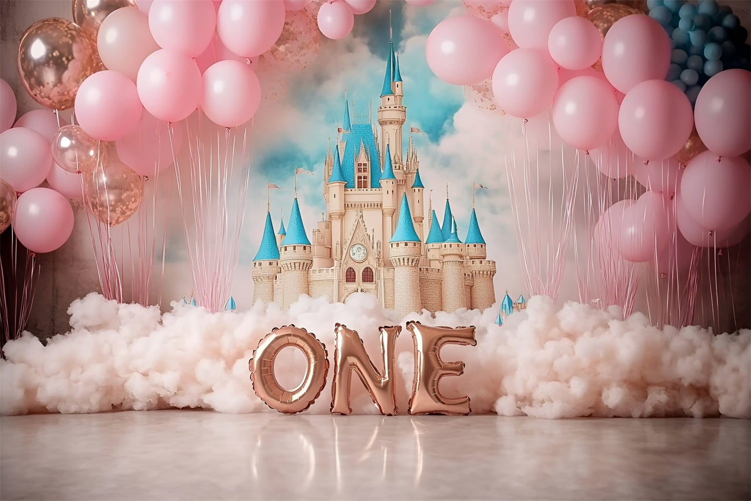 Toile de fond Décor Anniversaire 1 an Château Rose de Rêves GQ6-339