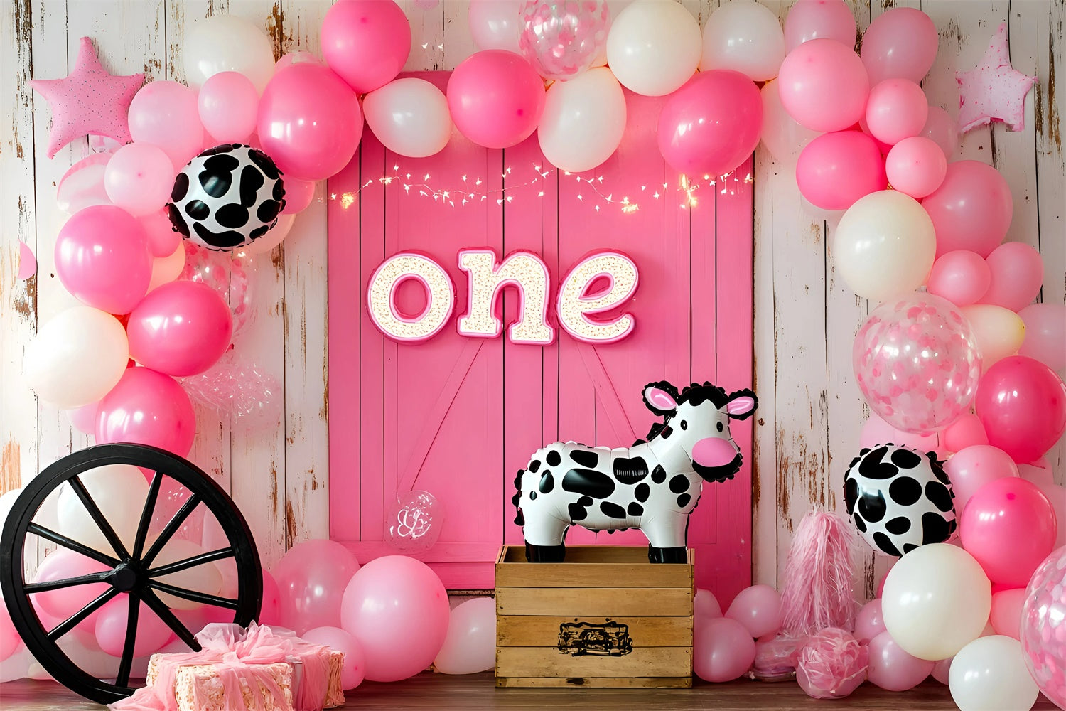 Toile de fond Décor Anniversaire 1 an Cowgirl Rustique et Ballons GQ6-342