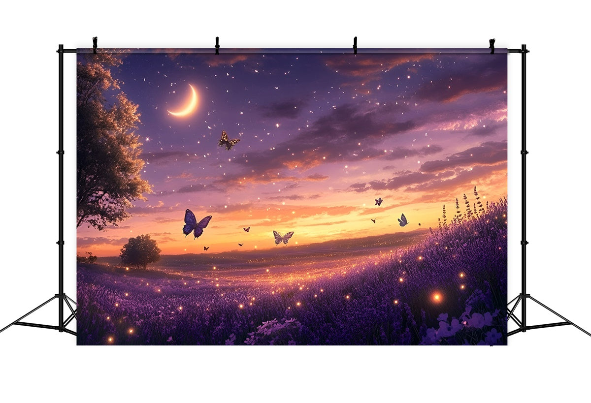 Toile de fond Été Champ de Lavande Lune Papillons GQ6-50