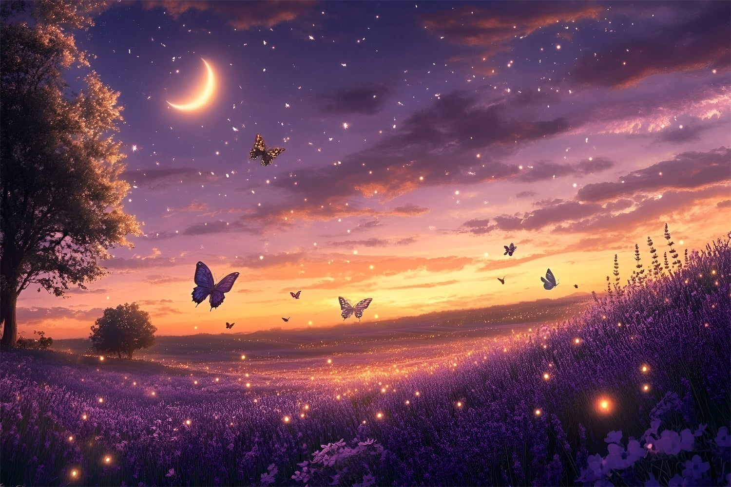 Toile de fond Été Champ de Lavande Lune Papillons GQ6-50