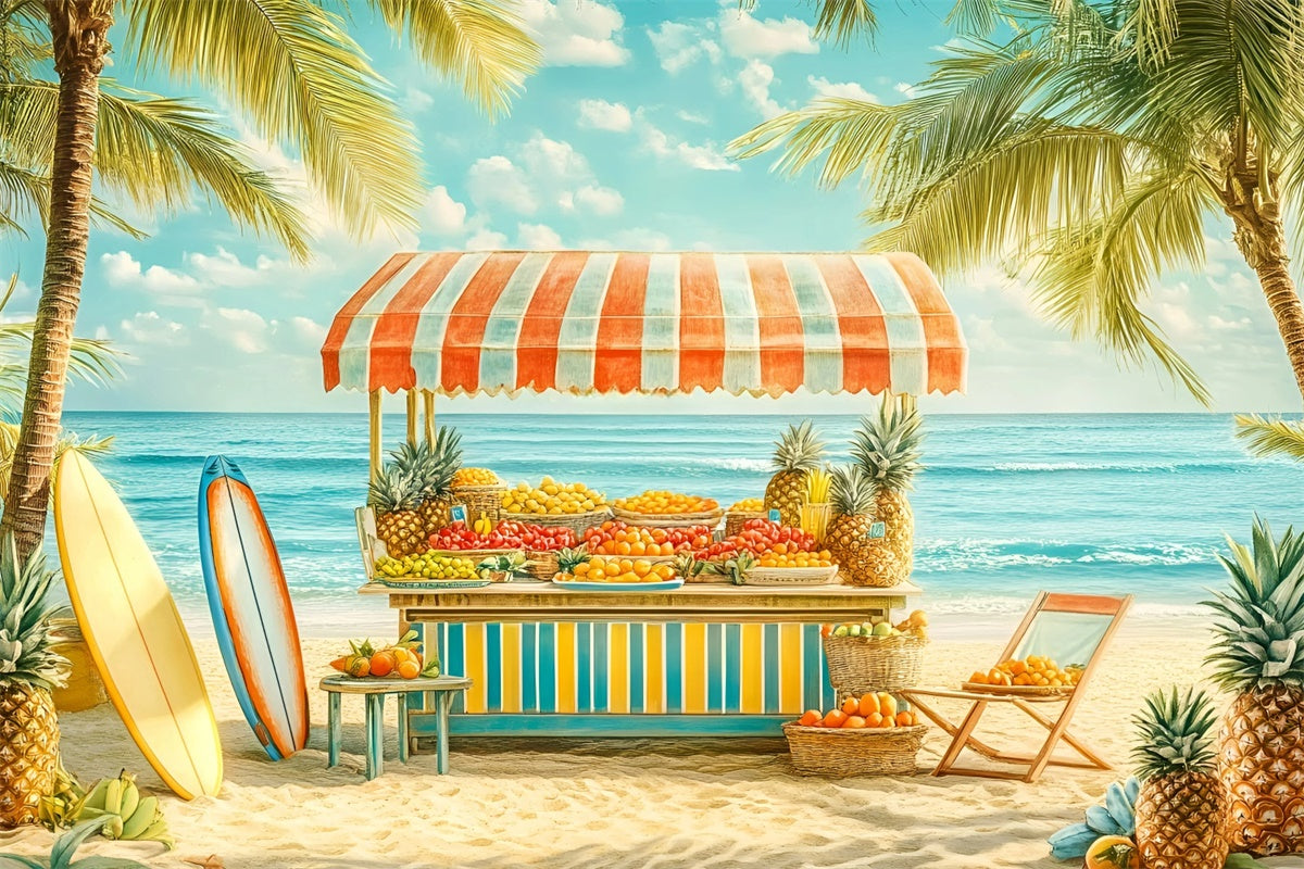 Toile de fond Été Plage Tropicale Stand Fruits Surf GQ6-54
