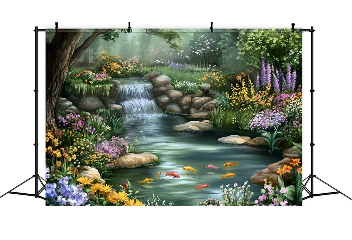 Toile de fond Été Cascade Florale Forêt Enchantée GQ6-57