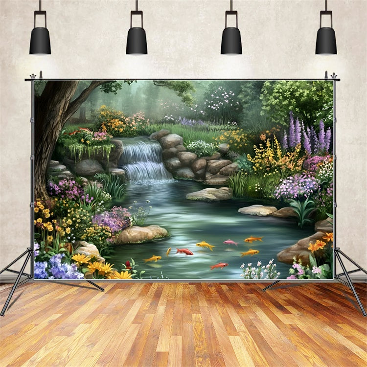 Toile de fond Été Cascade Florale Forêt Enchantée GQ6-57