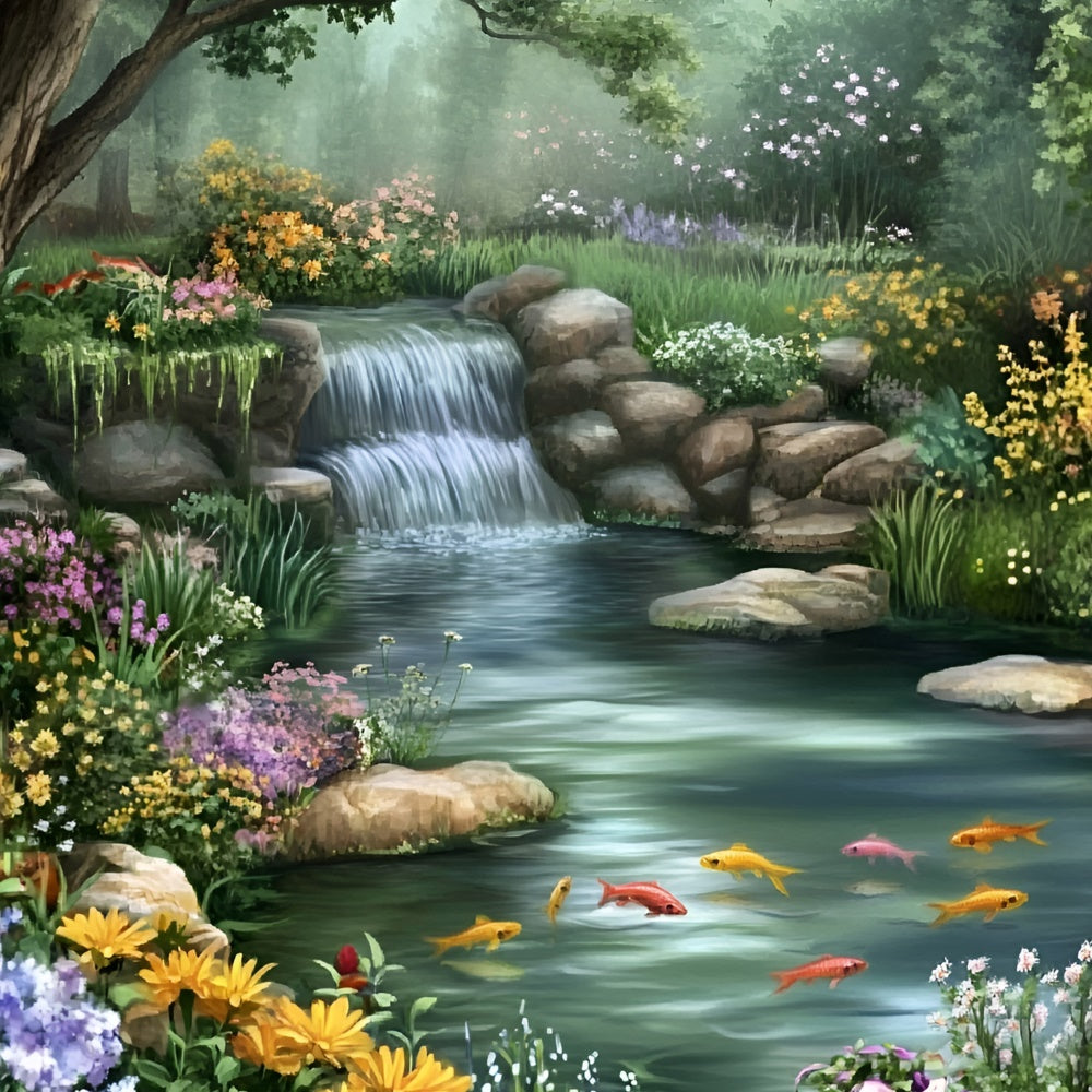 Toile de fond Été Cascade Florale Forêt Enchantée GQ6-57