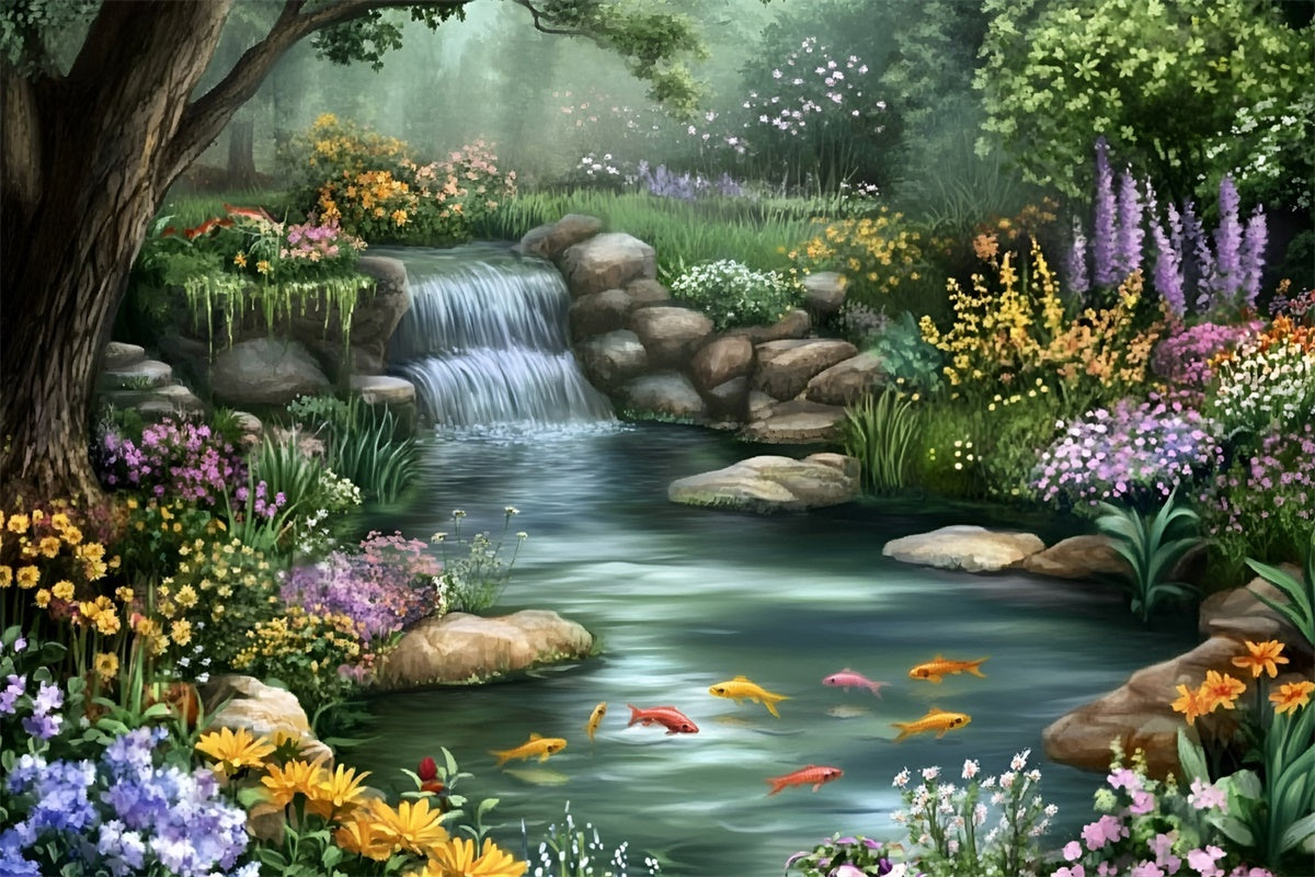 Toile de fond Été Cascade Florale Forêt Enchantée GQ6-57