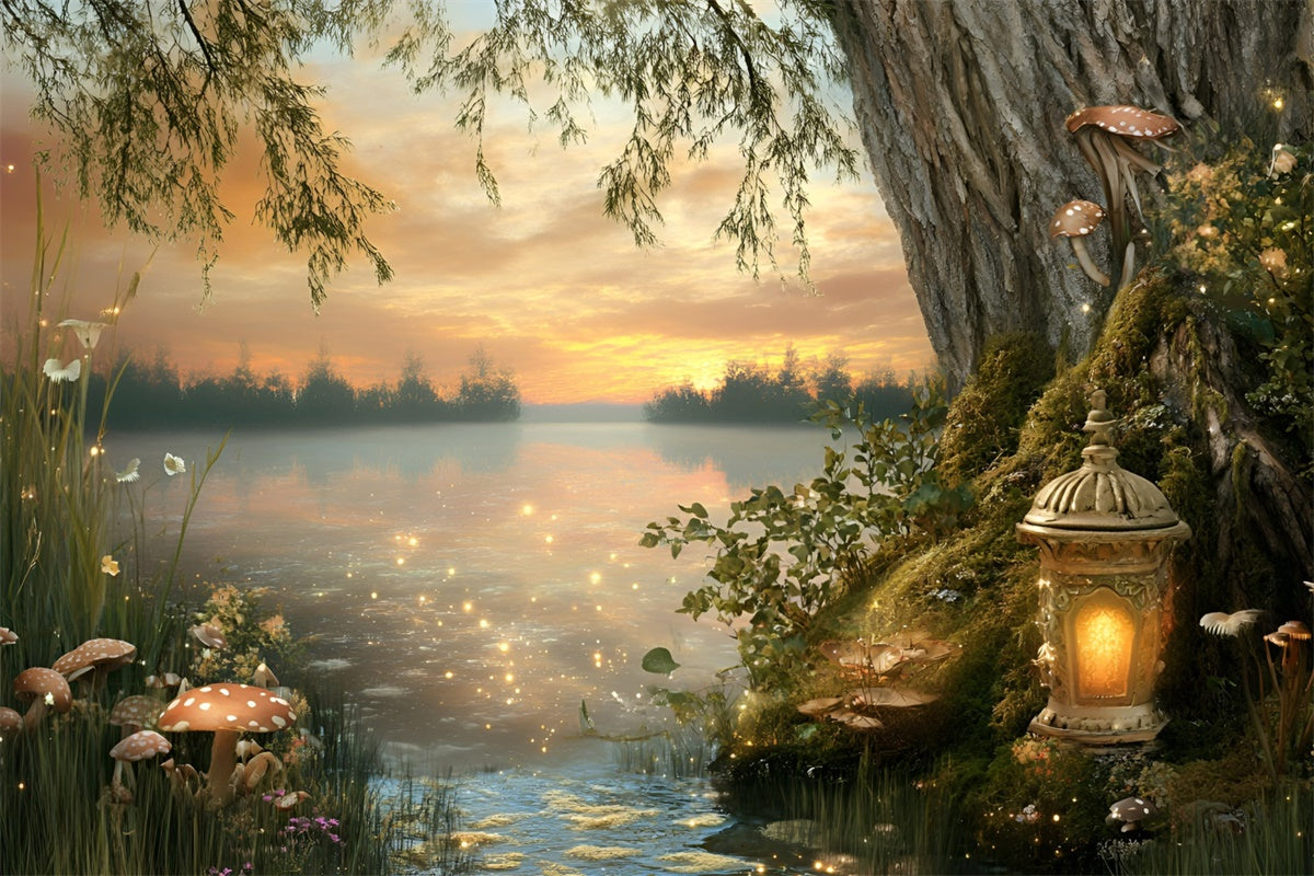 Toile de fond Été Lac Féerique Crépuscule Forêt GQ6-58