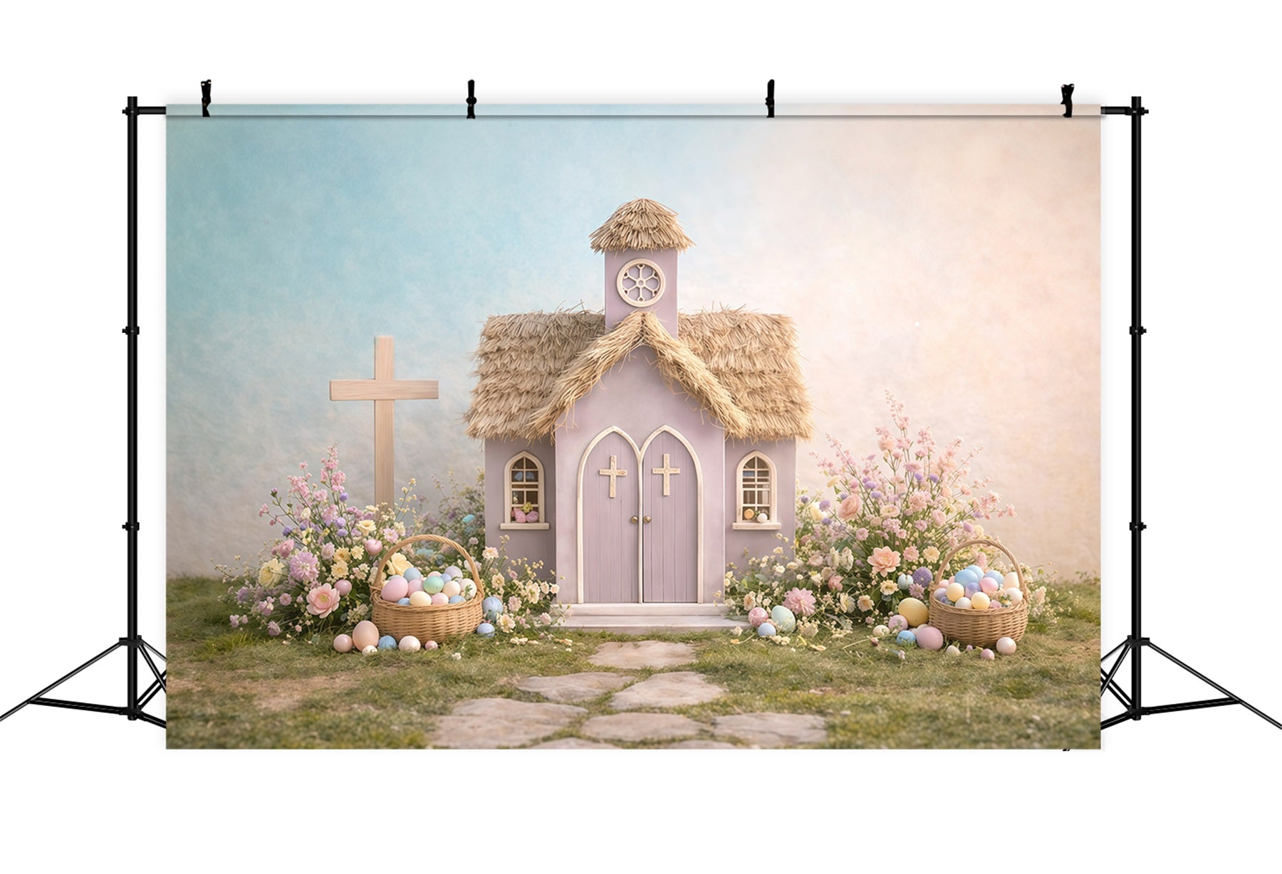 Toile de fond de Pâques Cottage Jardin Église Tons Pastel GQ61-12
