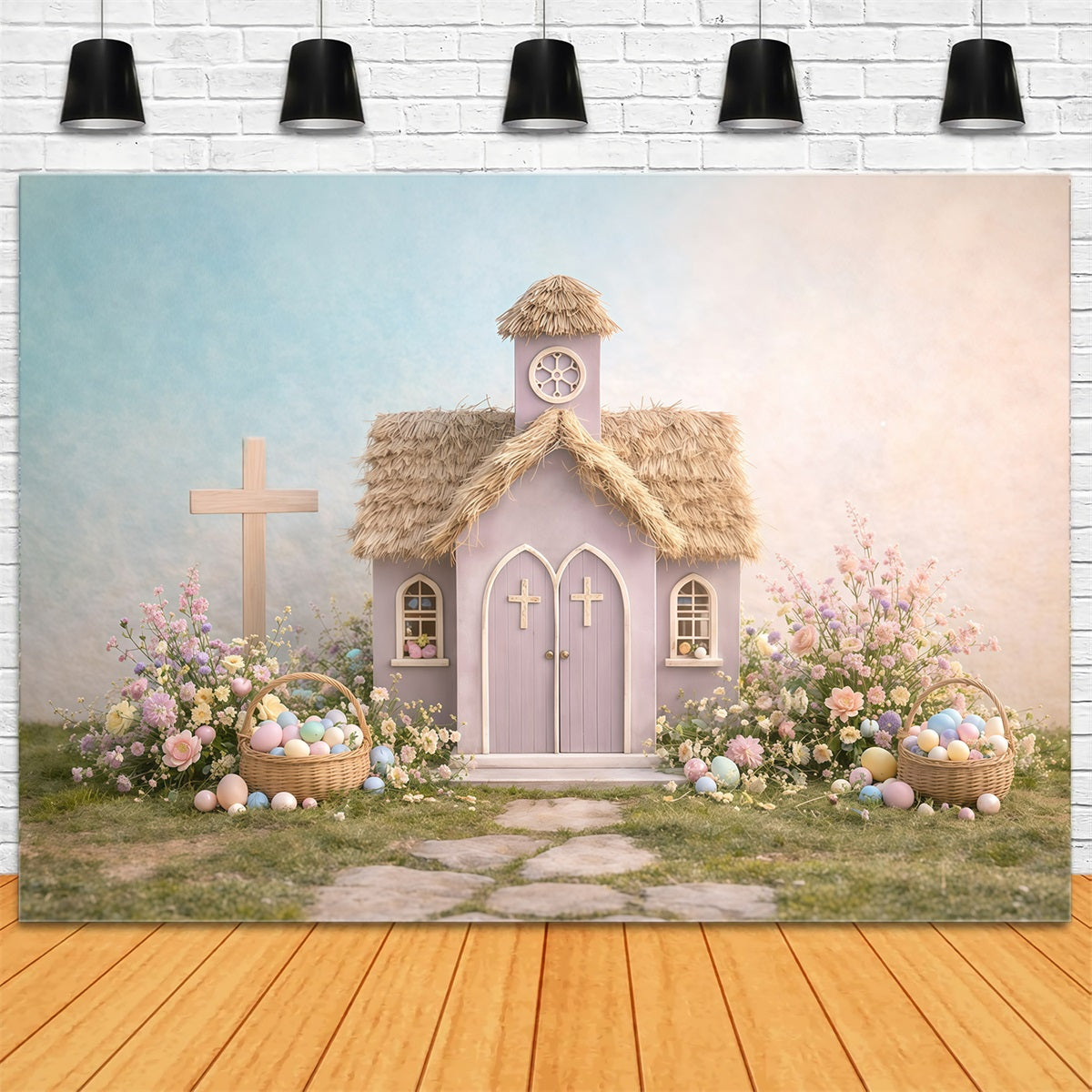 Toile de fond de Pâques Cottage Jardin Église Tons Pastel GQ61-12