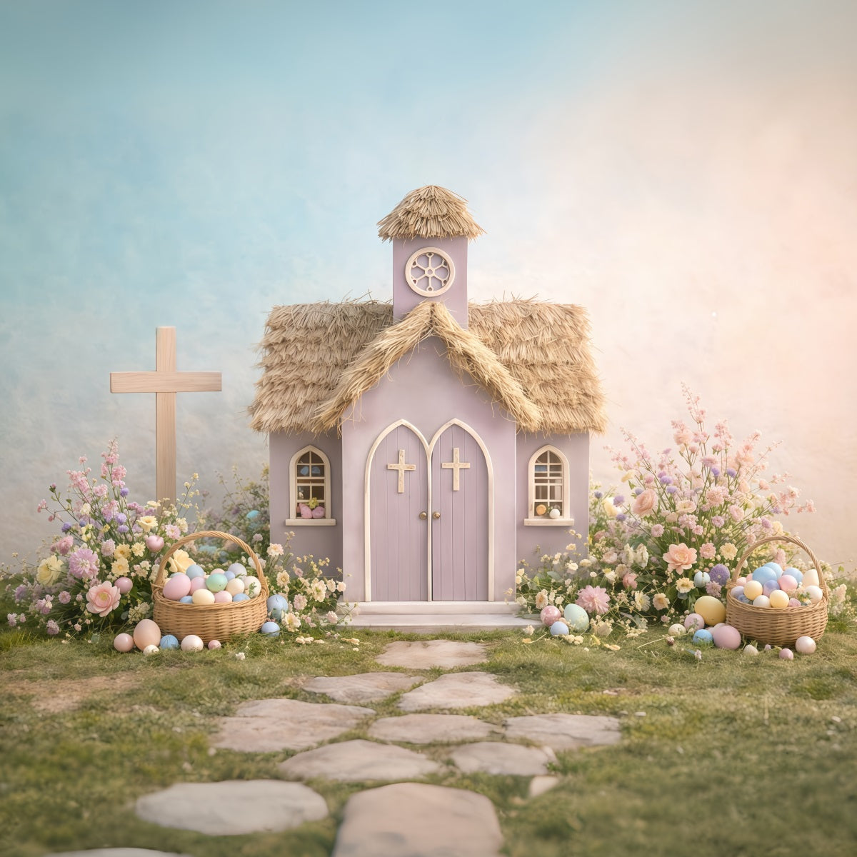 Toile de fond de Pâques Cottage Jardin Église Tons Pastel GQ61-12